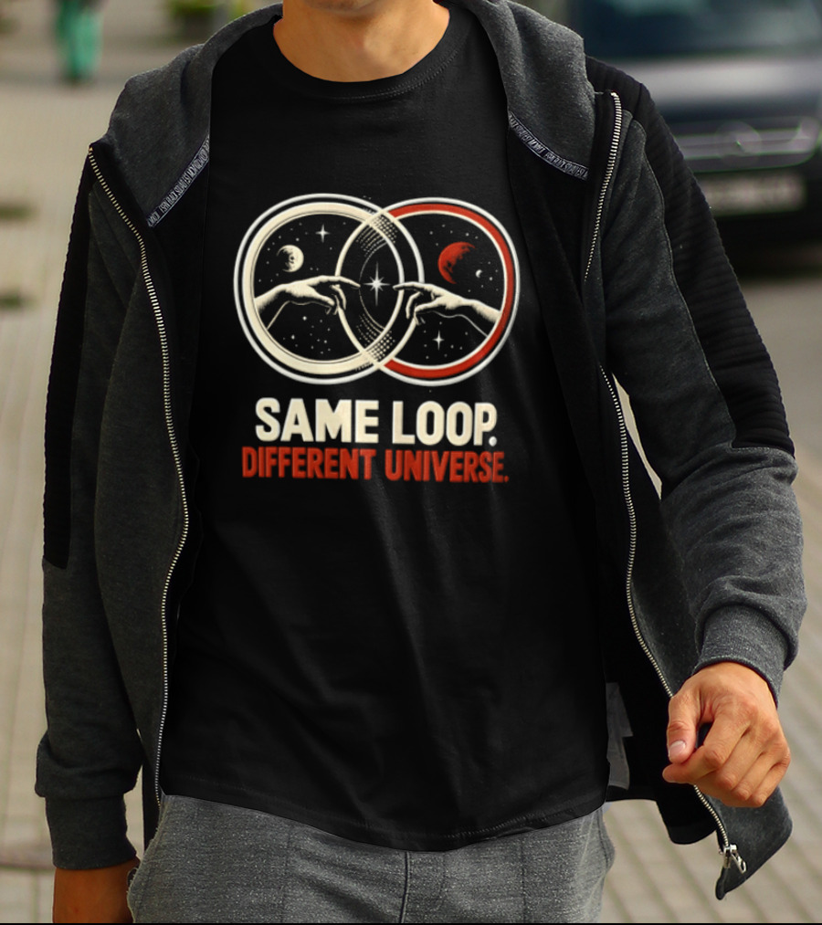 Same Loop Different Universe Intersecting Circles Two Hands Touching Lunar And Starry Night T-Shirt