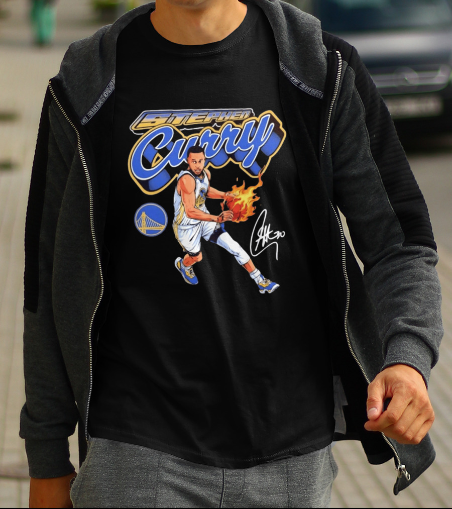 Stephen Curry Golden State Warriors Basketball Player With Flame Ball And Signature T-Shirt