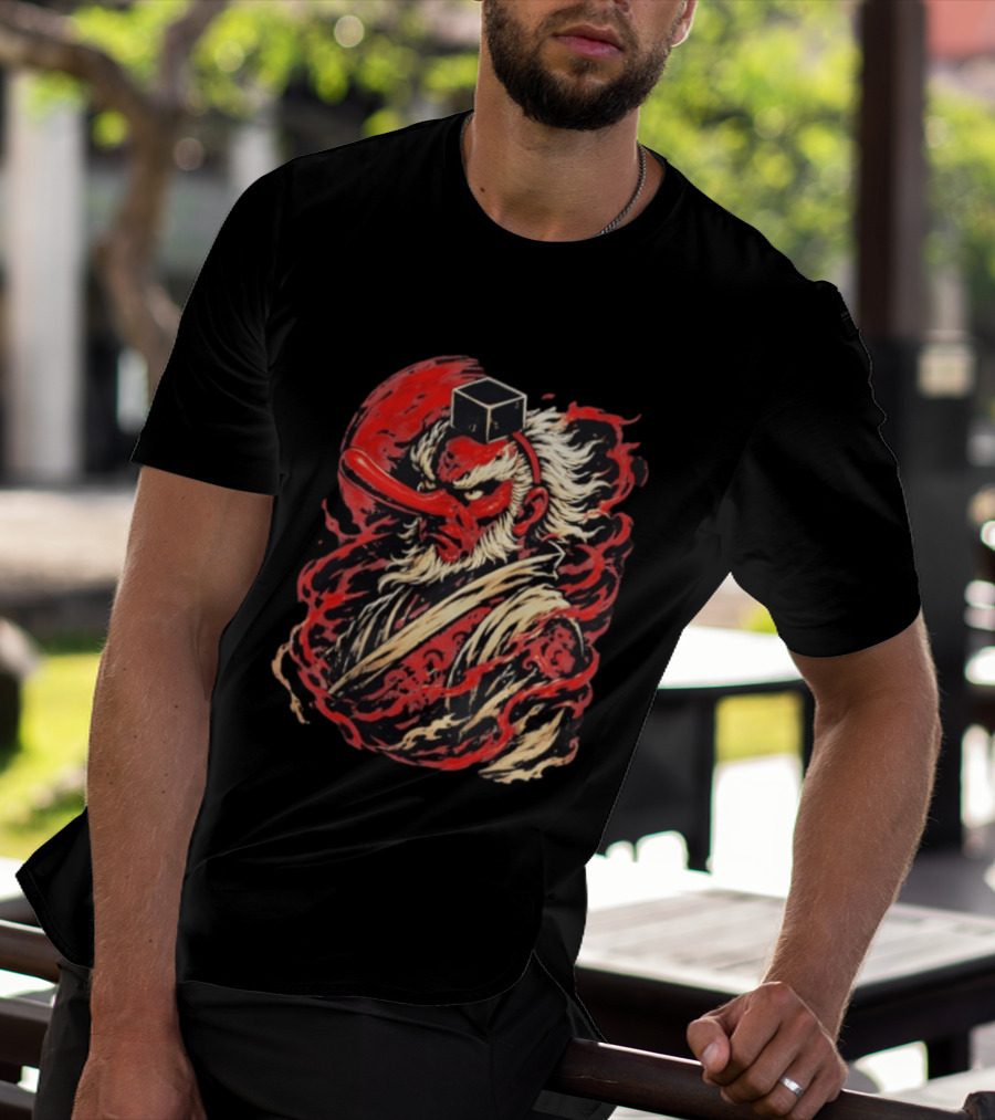 Tengu Japanese Warrior Spirit Mask Mythical Yokai Flame Aura T-Shirt