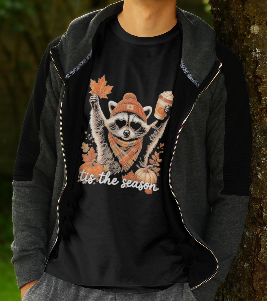 Tis The Season Raccoon With Fall Pumpkin Coffee And Autumn Leaves T-Shirt