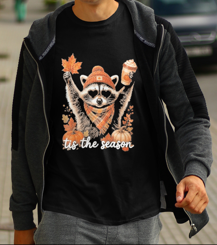 Tis The Season Raccoon With Fall Pumpkin Coffee And Autumn Leaves T-Shirt