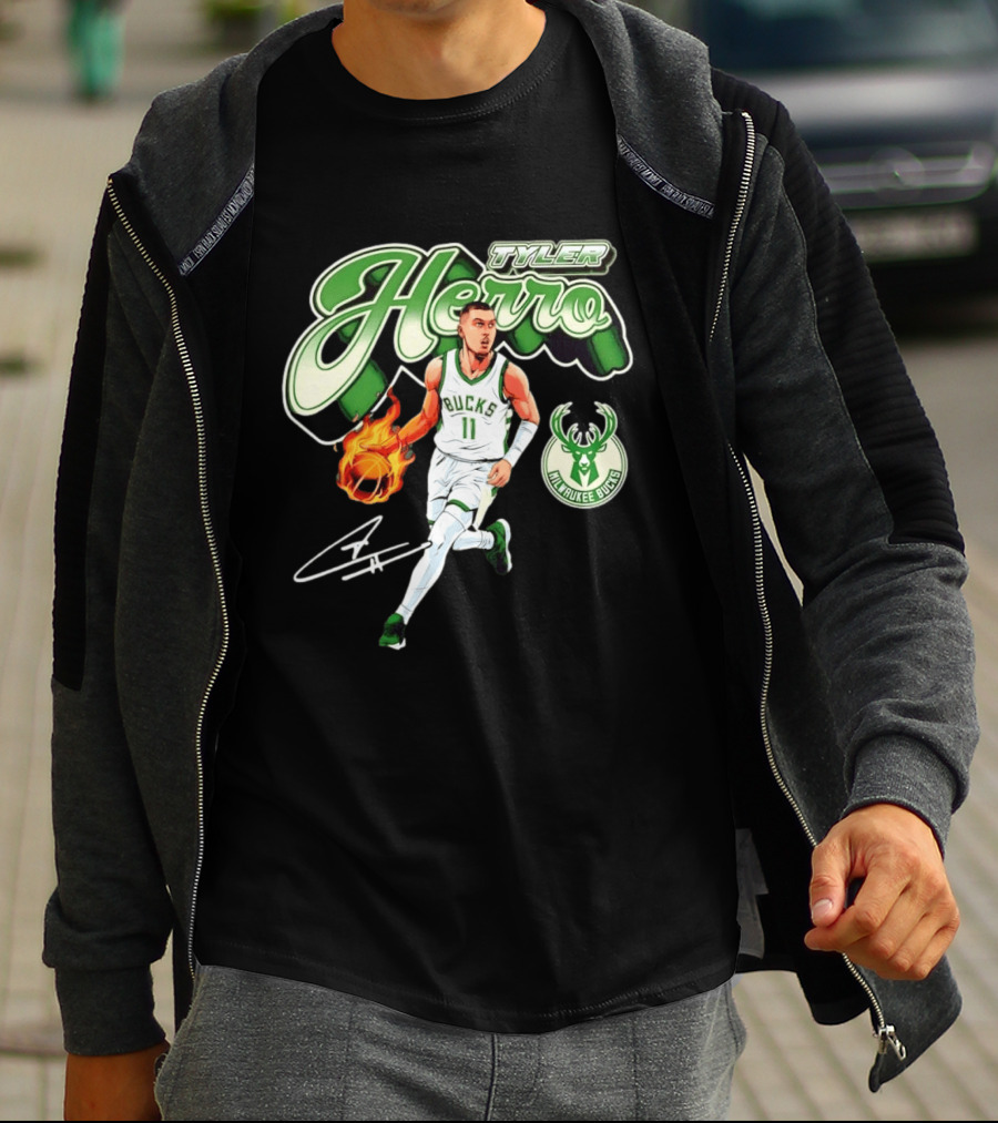 Tyler Herro Milwaukee Bucks Basketball Fireball Cursive Script T-Shirt