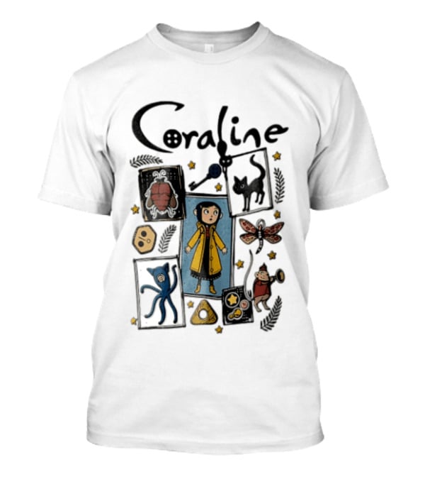 Coraline In Yellow Raincoat With Black Cat And Stars With Button Eyes T-Shirt