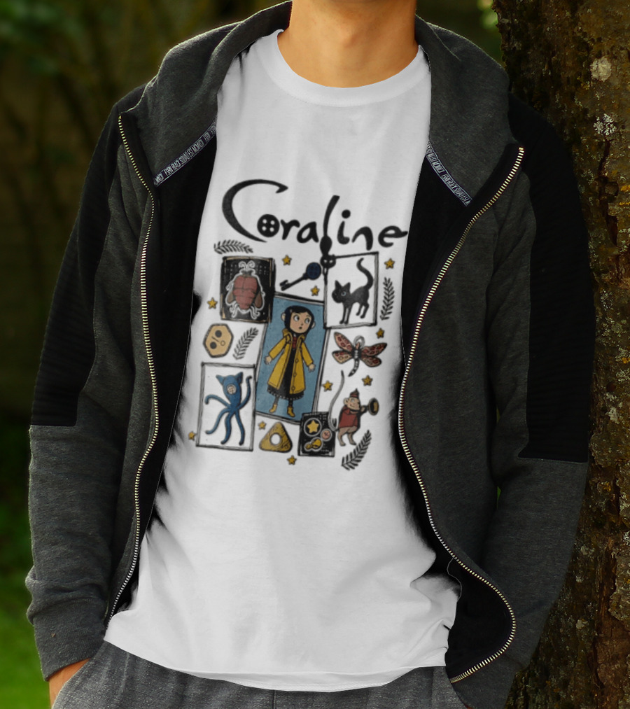 Coraline In Yellow Raincoat With Black Cat And Stars With Button Eyes T-Shirt