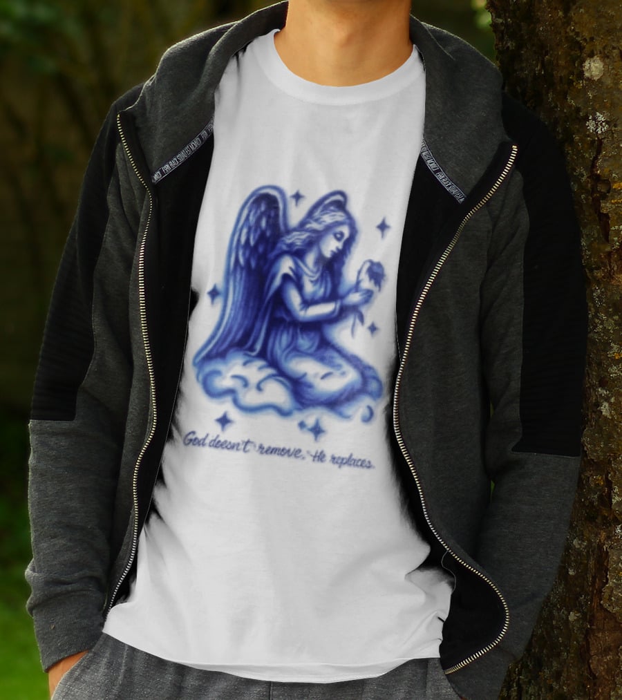 Angel Kneeling On Cloud Holding Flower God Does Not Remove He Replaces T-Shirt