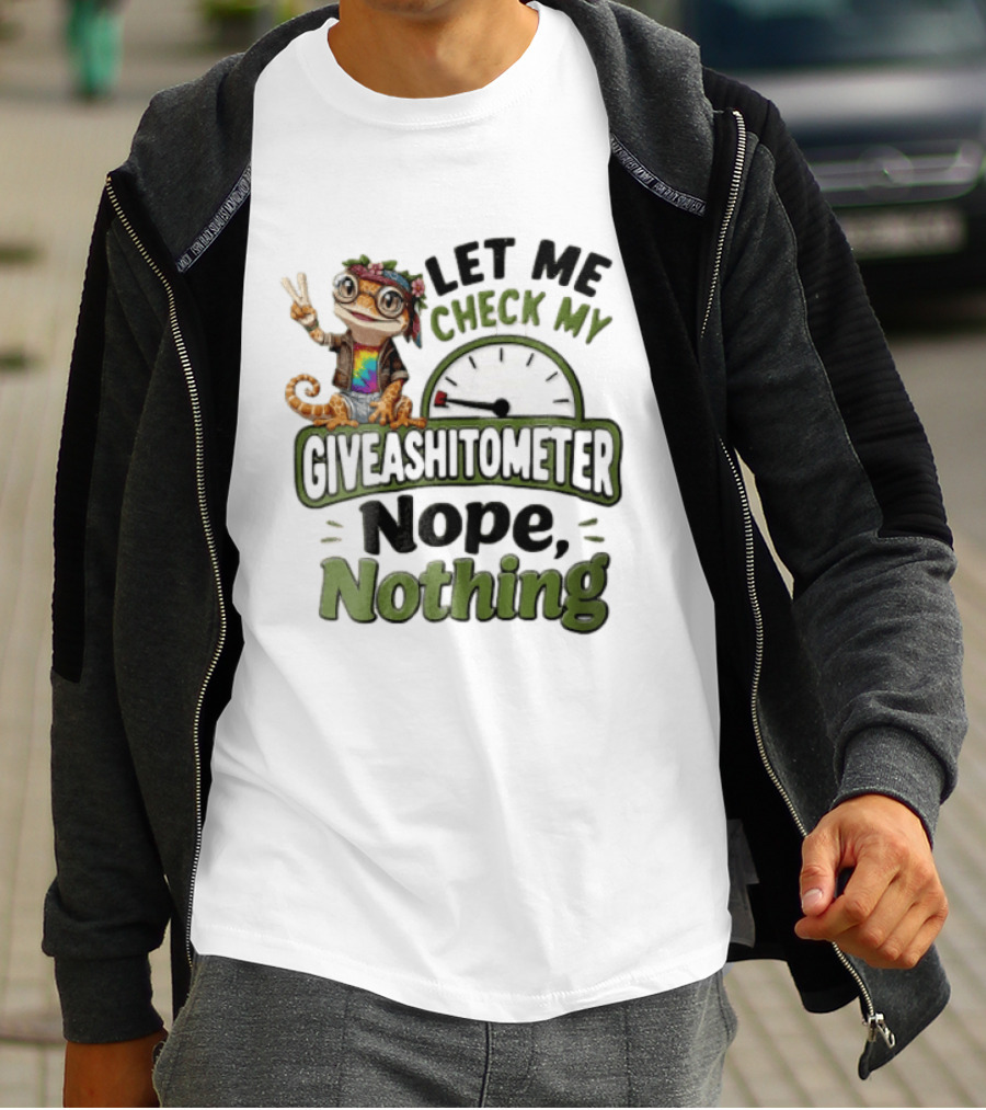 LET ME Check MY Giveashitometer Nope Nothing Cartoon Gecko Peace Sign T-Shirt