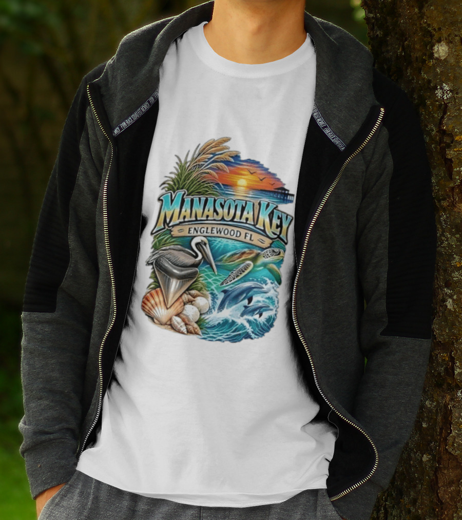 Manasota Key Englewood FL Beach Scene With Pelican Dolphins Shells And Sunset T-Shirt