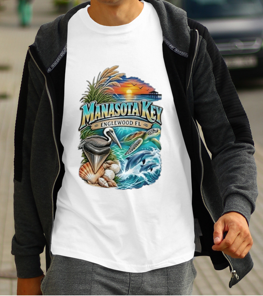 Manasota Key Englewood FL Beach Scene With Pelican Dolphins Shells And Sunset T-Shirt