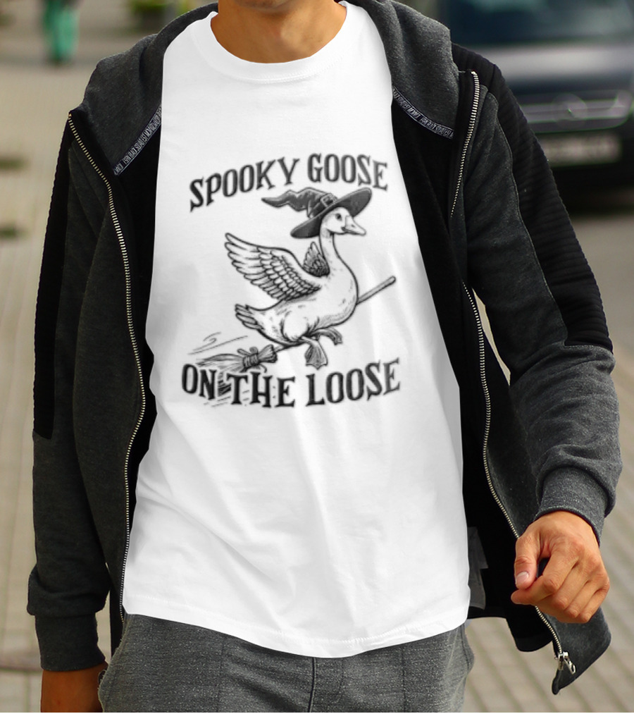 Spooky Goose On The Loose Halloween Witch Hat Broomstick T-Shirt