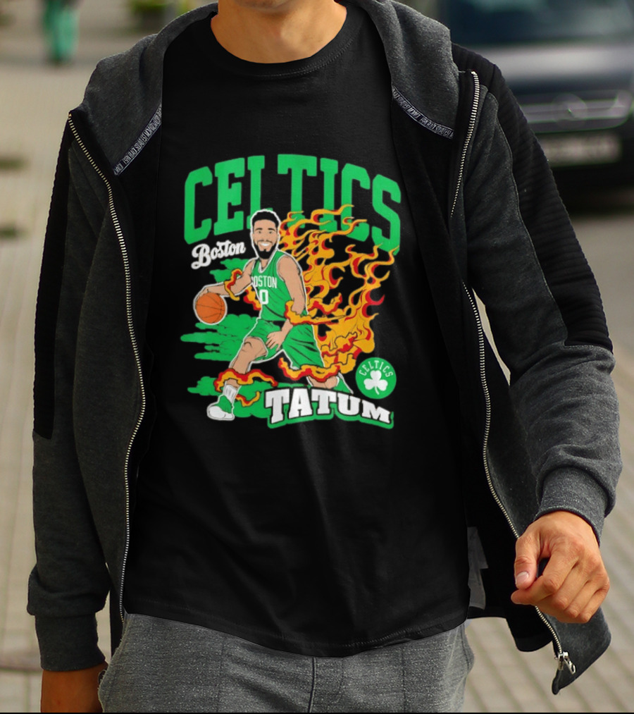 Boston Celtics Jayson Tatum Fired Up Basketball Flames T-Shirt
