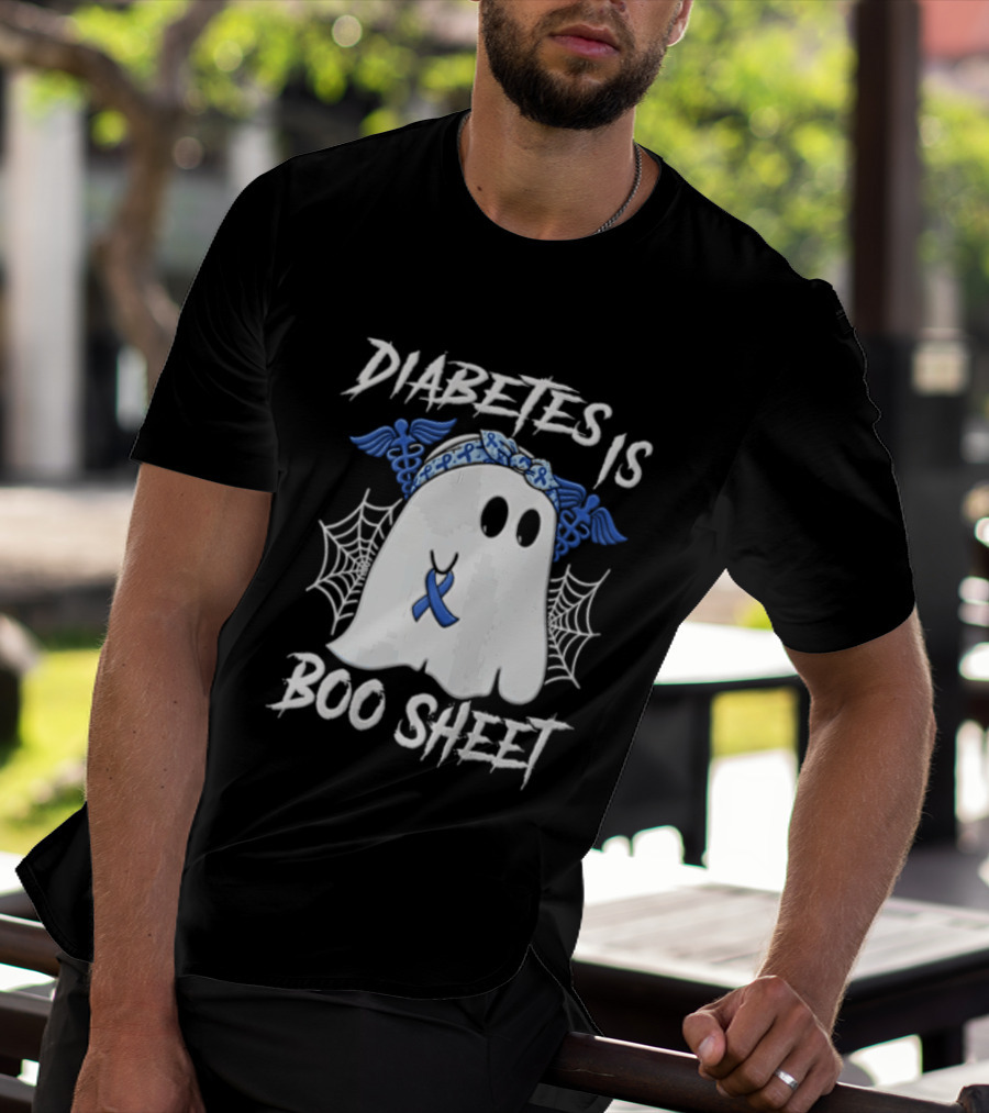 Diabetes IS BOO Sheet Ghost With Blue Ribbon Headband Halloween T-Shirt