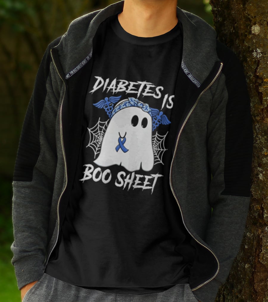 Diabetes IS BOO Sheet Ghost With Blue Ribbon Headband Halloween T-Shirt
