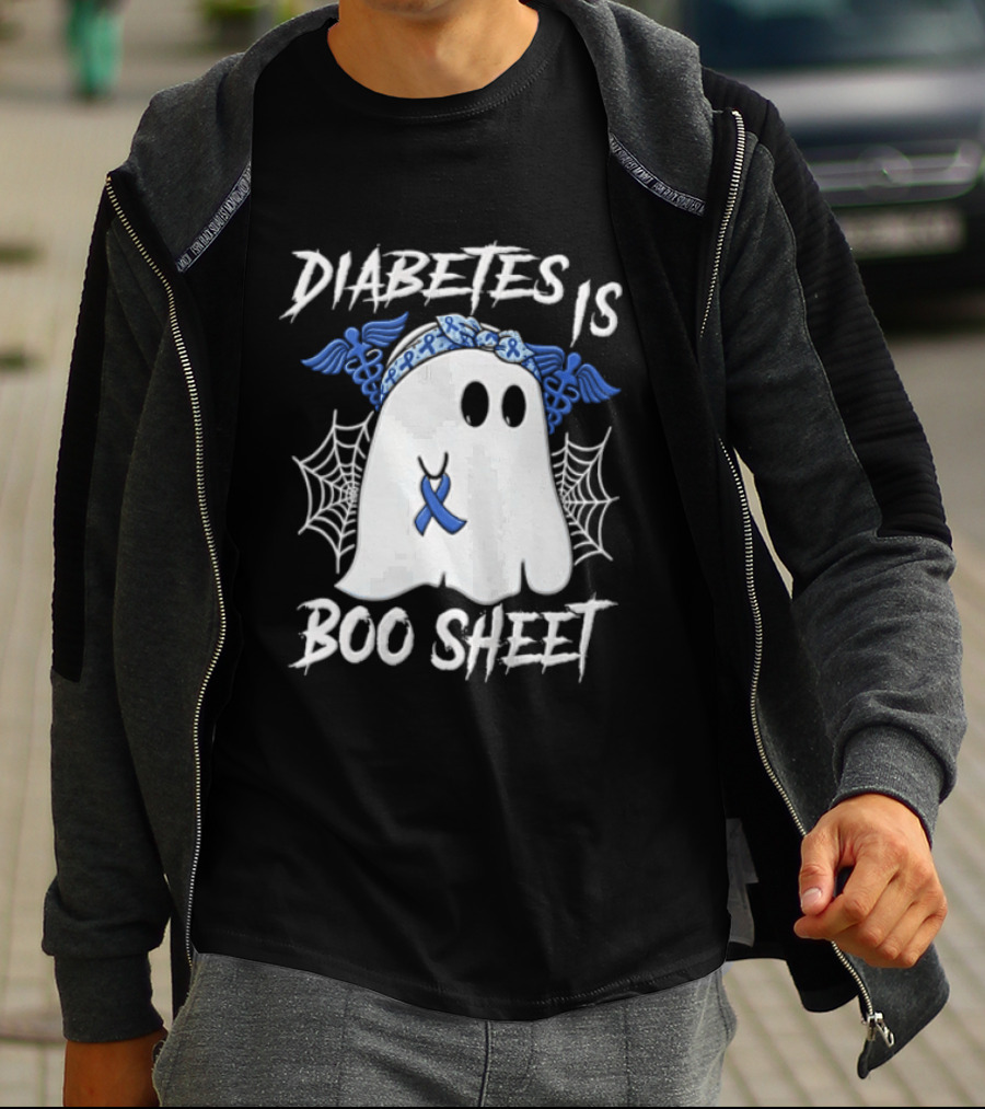 Diabetes IS BOO Sheet Ghost With Blue Ribbon Headband Halloween T-Shirt