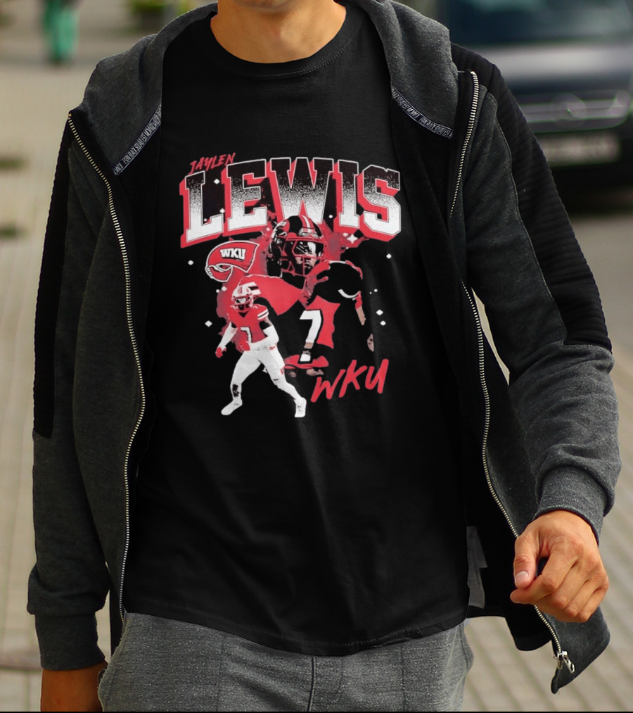 Jaylen Lewis No 7 WKU Football Helmet And Player Action T-Shirt