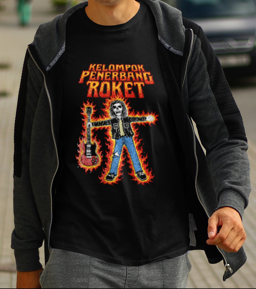 Kelompok Penerbang Roket Skeleton Guitarist In Flames Keegan Records T-Shirt