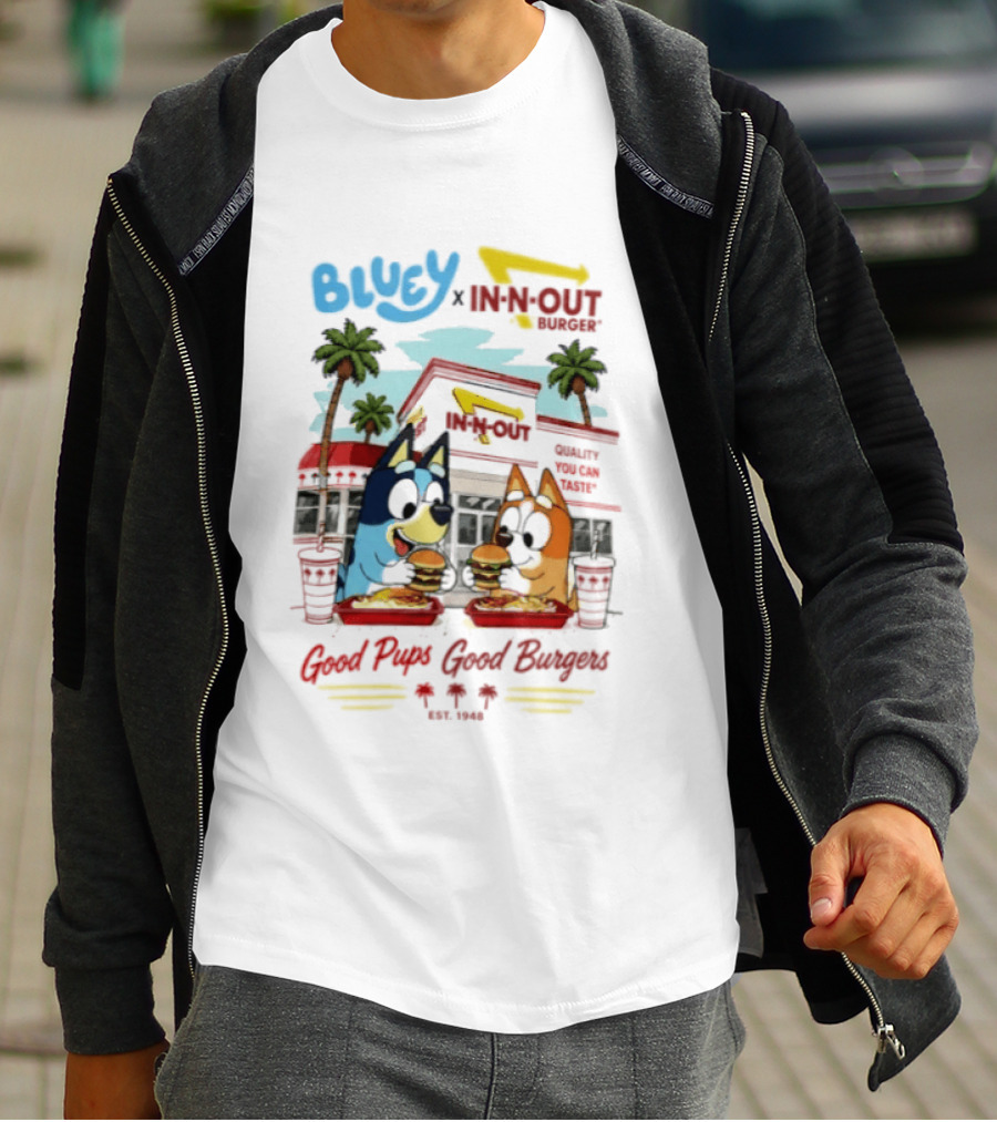 Bluey X In N Out Burger Good Pups Good Burgers Palm Tree Friends Eating T-Shirt