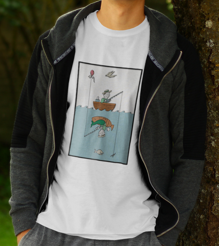 Fisherman In Boat Catching Hidden Mermaid With Fishing Line T-Shirt