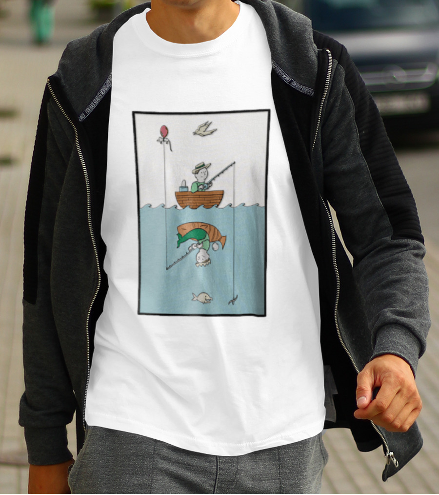 Fisherman In Boat Catching Hidden Mermaid With Fishing Line T-Shirt