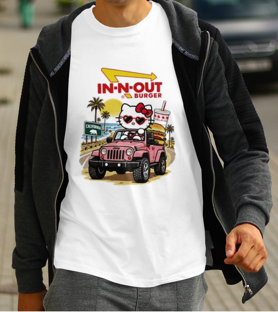 Hello Kitty In Pink Jeep With In N Out Burger California Adventure T-Shirt