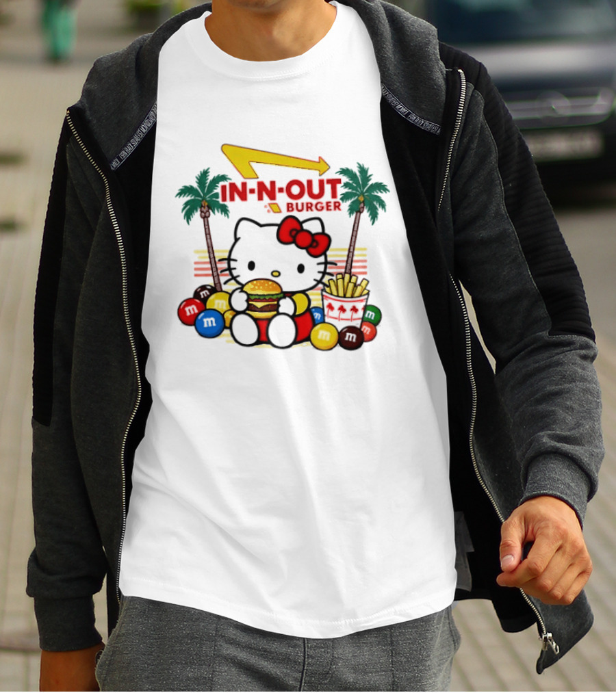Hello Kitty Enjoying In N Out Burger Surrounded By M&Ms And Fries T-Shirt