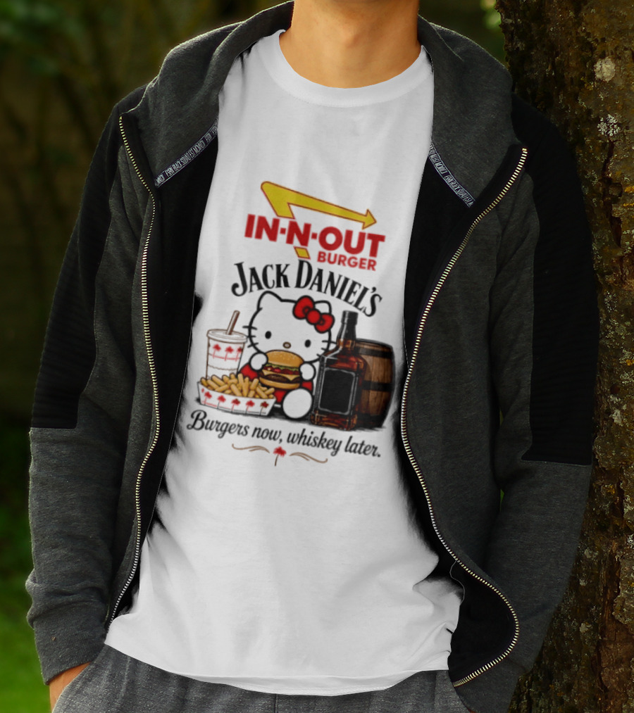 In N Out Hello Kitty Jack Daniel's Burgers Now Whiskey Later T-Shirt