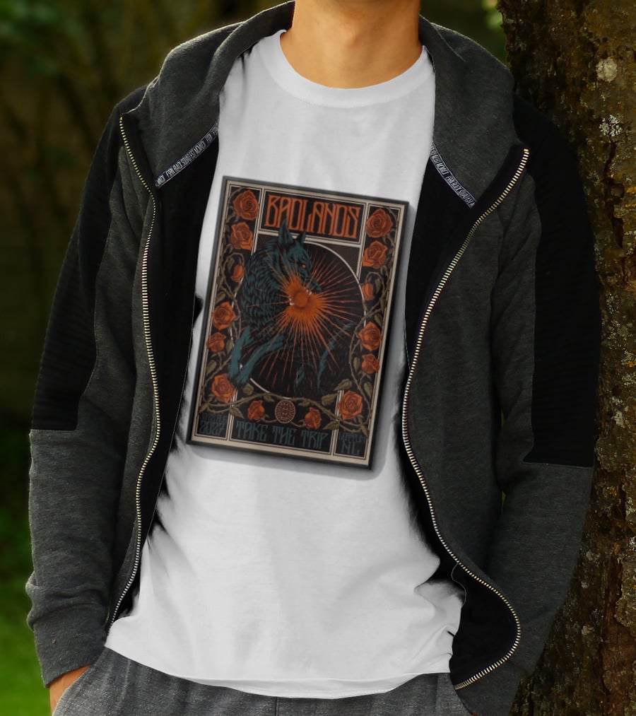 BADLANDS Festival Aug 20 22 2027 Take The Trip Stokterweg 14 Lottum Netherlands Retro Wolf And Roses T-Shirt