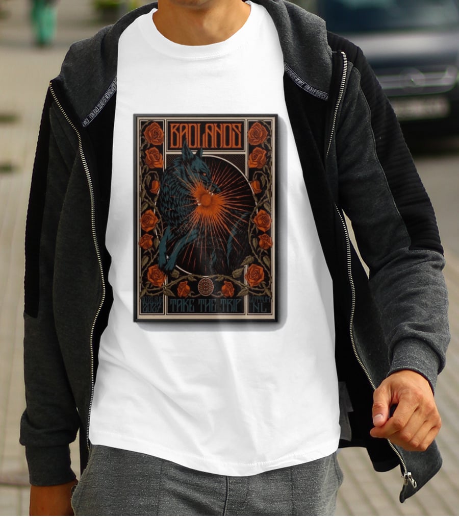 BADLANDS Festival Aug 20 22 2027 Take The Trip Stokterweg 14 Lottum Netherlands Retro Wolf And Roses T-Shirt