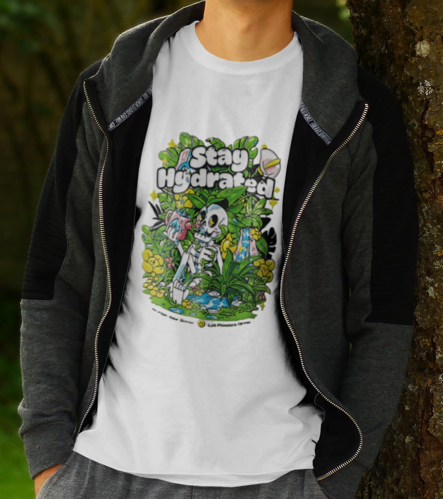 Stay Hydrated Quirky Skeleton Watering Lush Greenery And Flowers T-Shirt
