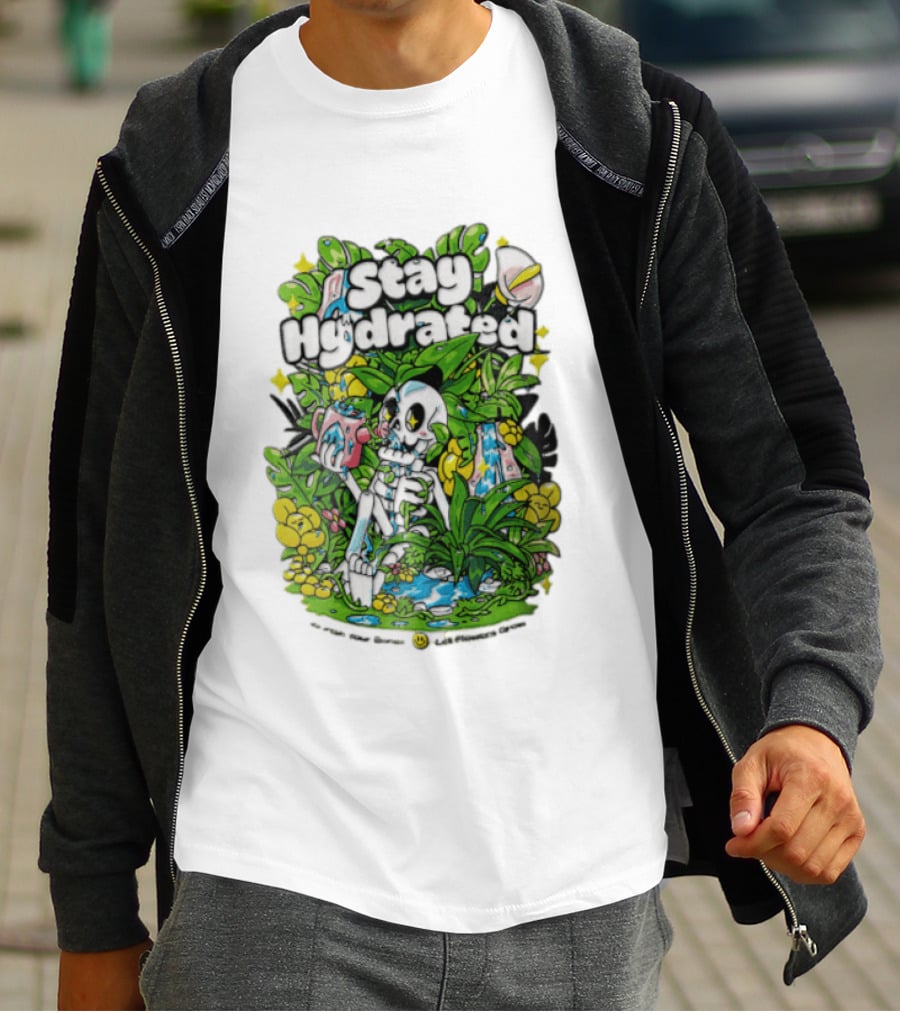 Stay Hydrated Quirky Skeleton Watering Lush Greenery And Flowers T-Shirt