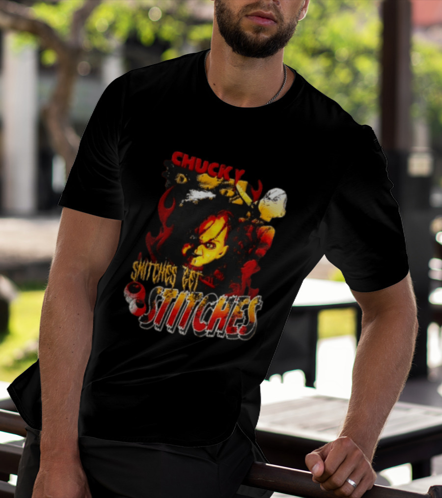 Chucky Snitches Get Stitches Horror Doll With Knife And Eyeballs T-Shirt