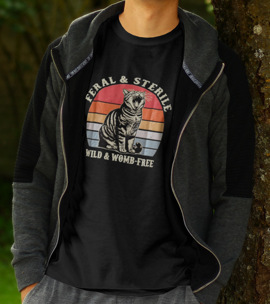 Feral And Sterile Yawning Tabby Cat Wild And Womb Free Sunset Stripes T-Shirt