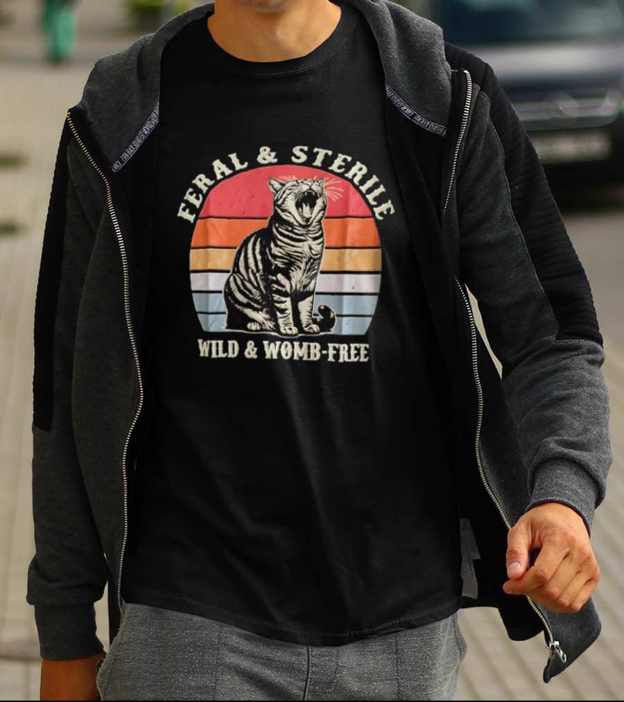 Feral And Sterile Yawning Tabby Cat Wild And Womb Free Sunset Stripes T-Shirt