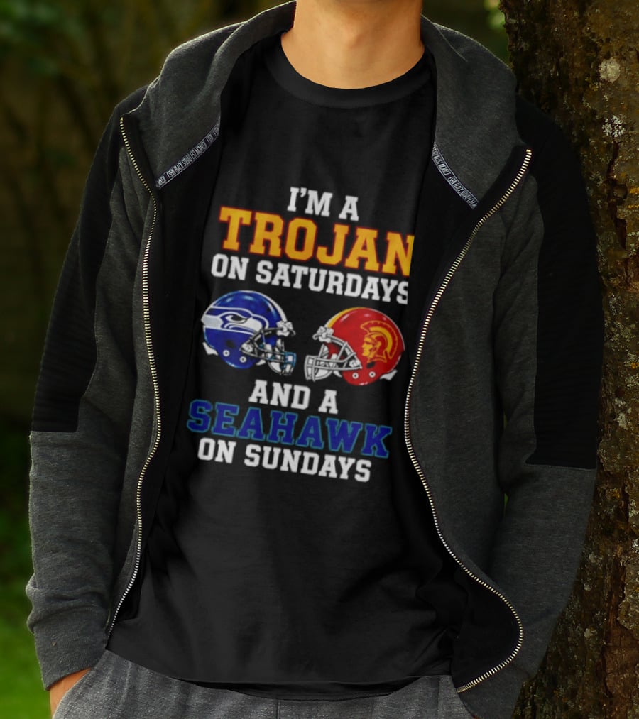 I'm A Trojan On Saturdays And A Seahawk On Sundays Football Helmets T-Shirt