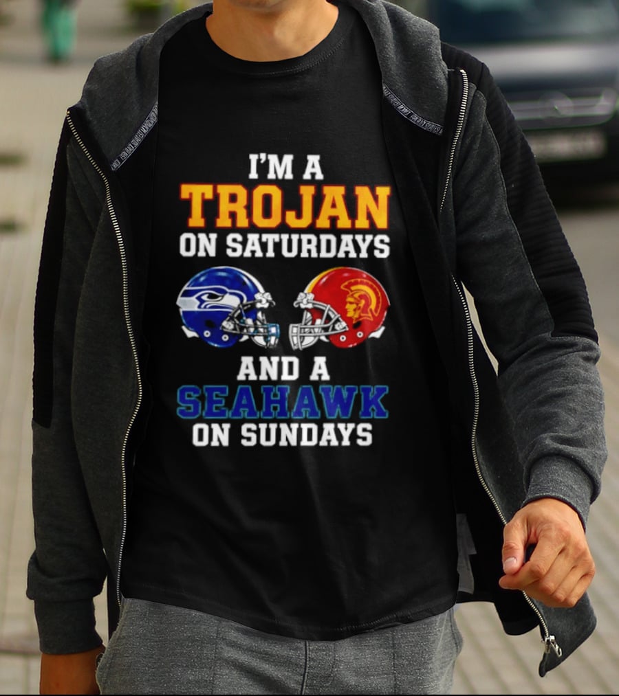 I'm A Trojan On Saturdays And A Seahawk On Sundays Football Helmets T-Shirt