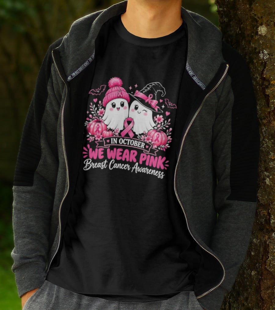 In October We Wear Pink Breast Cancer Awareness Ghost Pumpkin Witch T-Shirt