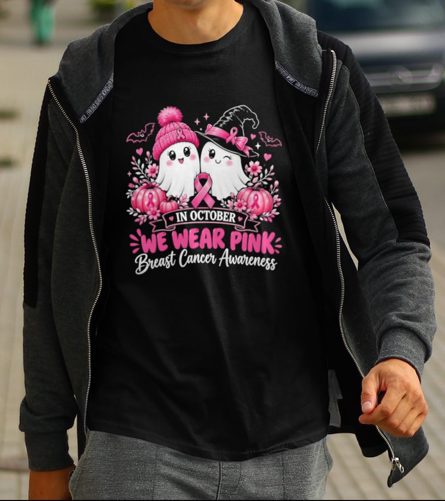 In October We Wear Pink Breast Cancer Awareness Ghost Pumpkin Witch T-Shirt