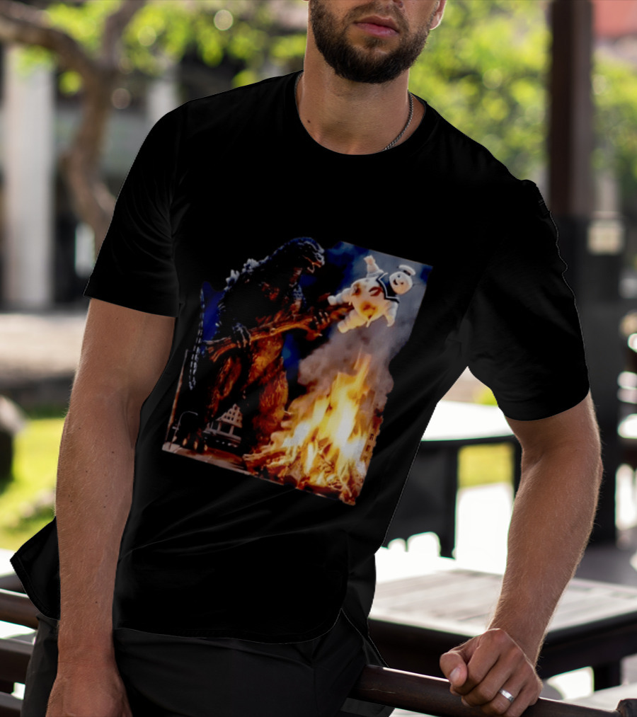 Kaiju Campfire Godzilla Holding Stay Puft Marshmallow Man T-Shirt
