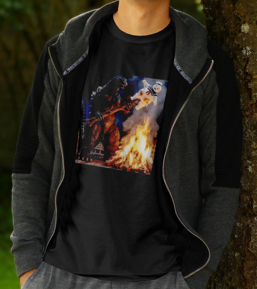 Kaiju Campfire Godzilla Holding Stay Puft Marshmallow Man T-Shirt