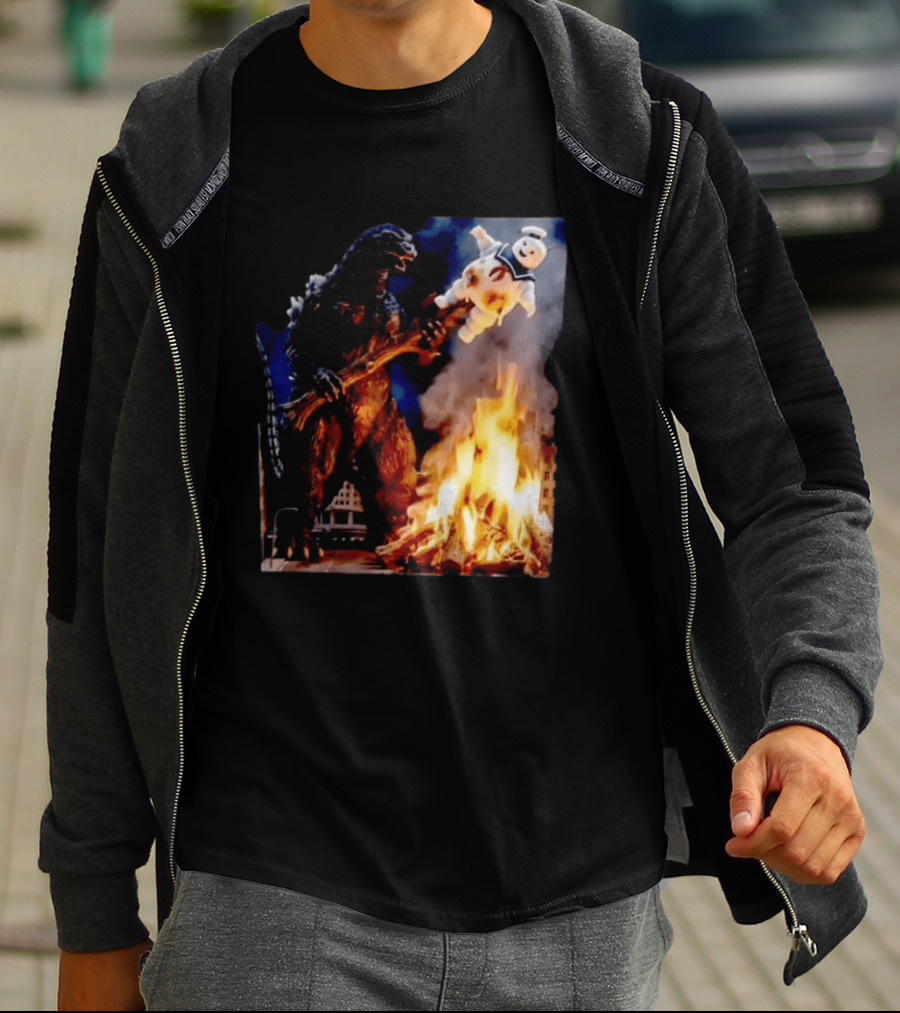 Kaiju Campfire Godzilla Holding Stay Puft Marshmallow Man T-Shirt
