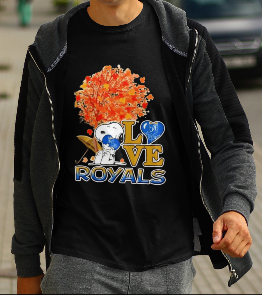 KC Royals Love Snoopy Hug Heart Peanuts Baseball Fall Tree T-Shirt