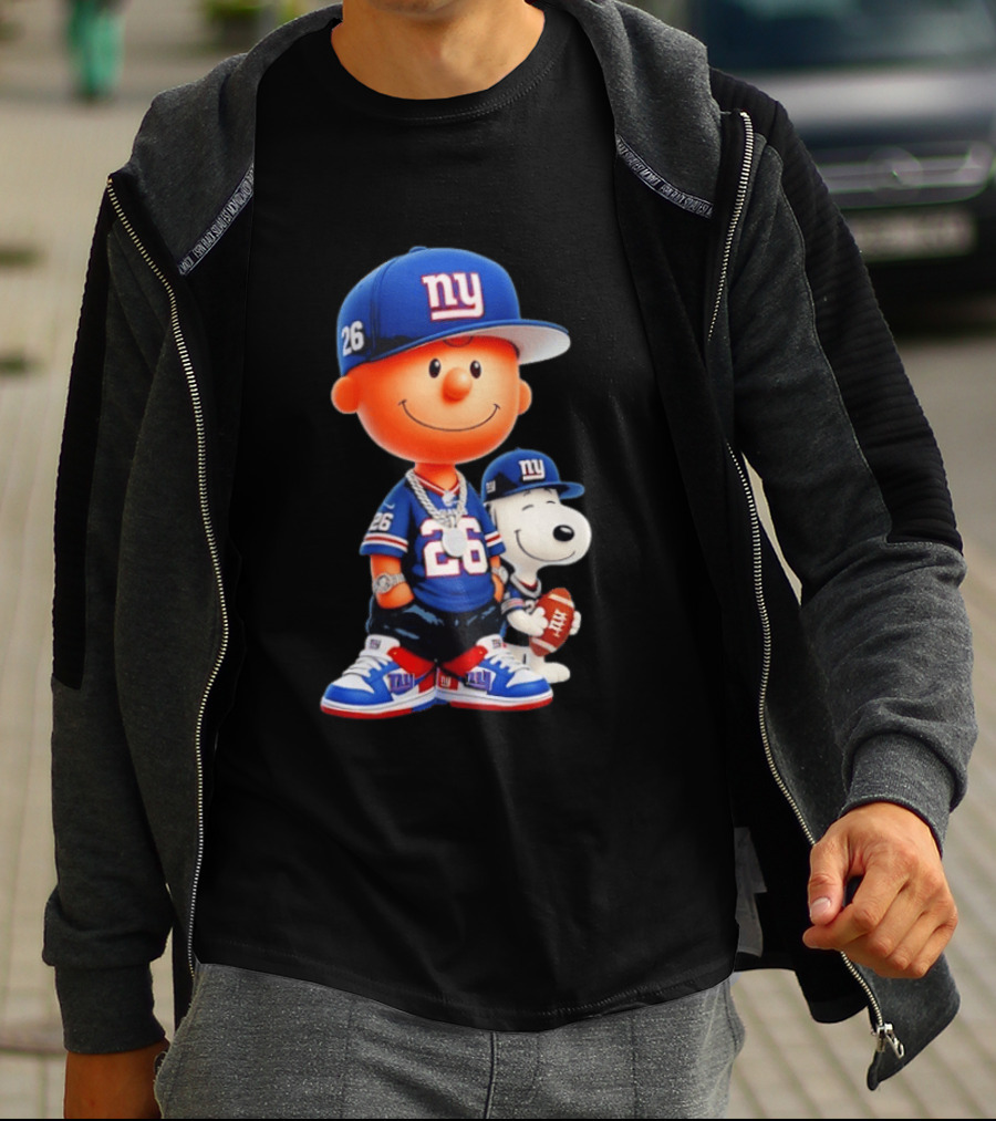 Peanuts Characters In New York Giants Team Sportswear T-Shirt