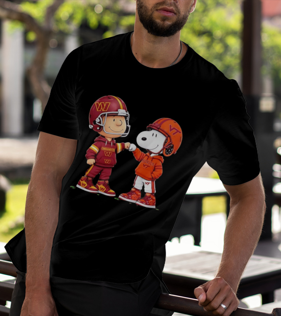 Peanuts Snoopy Charlie Brown Washington Commanders Virginia Tech Hokies Collaboration Fist Bump T-Shirt