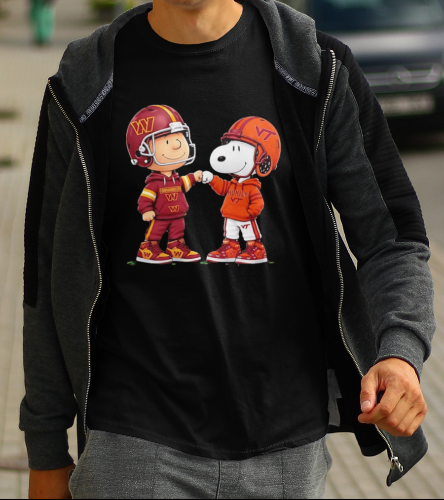 Peanuts Snoopy Charlie Brown Washington Commanders Virginia Tech Hokies Collaboration Fist Bump T-Shirt