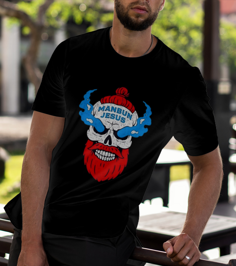 Manbun Jesus Skull Blue Flames Red Beard T-Shirt