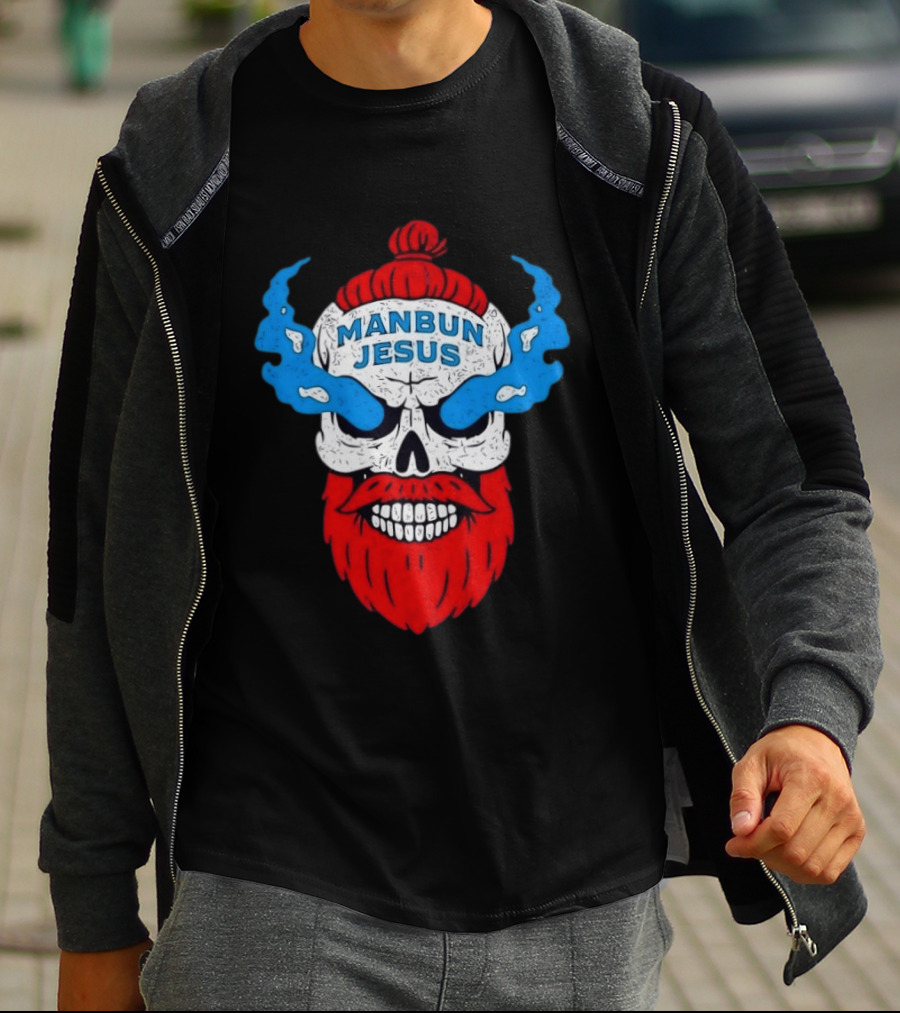 Manbun Jesus Skull Blue Flames Red Beard T-Shirt