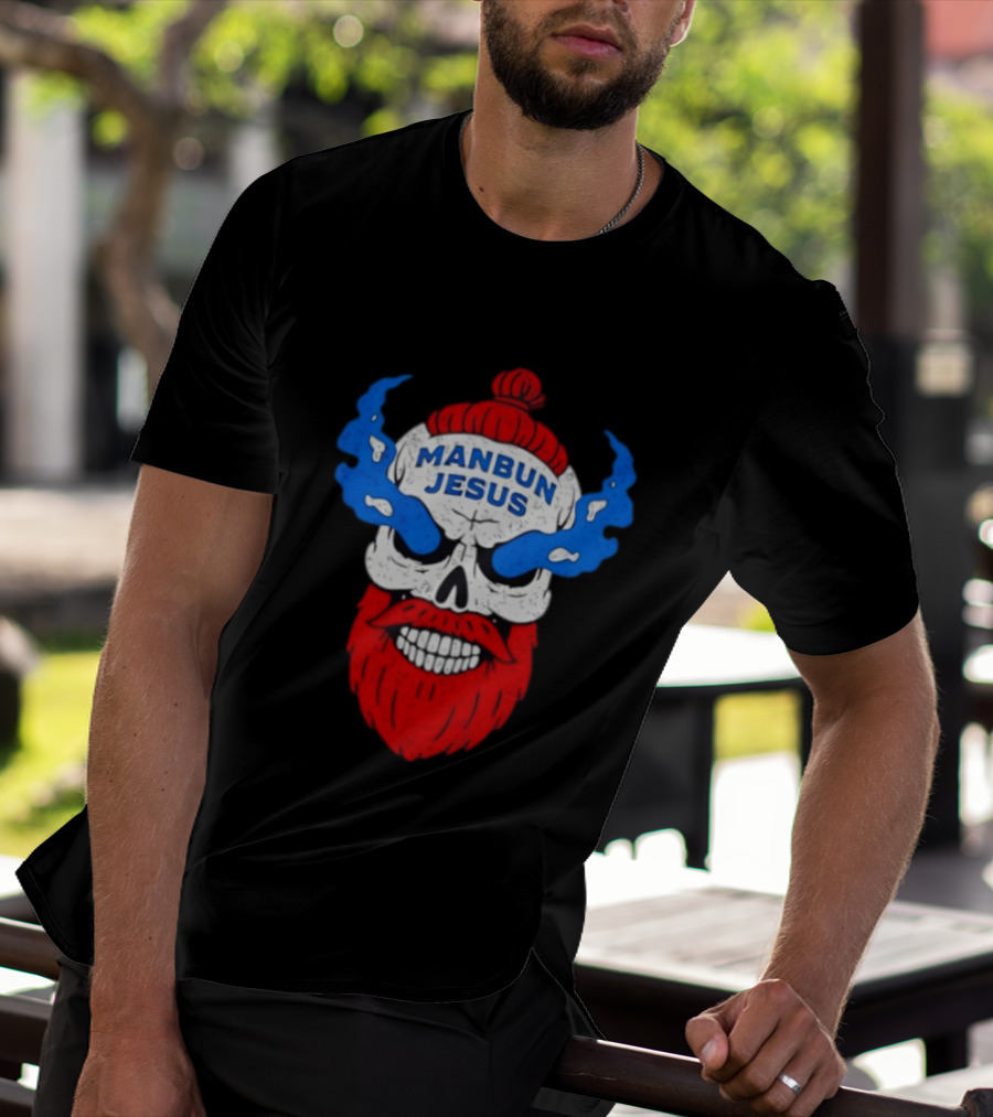 Manbun Jesus Skull Flame Beard Retro Stone Man Cold Bun T-Shirt