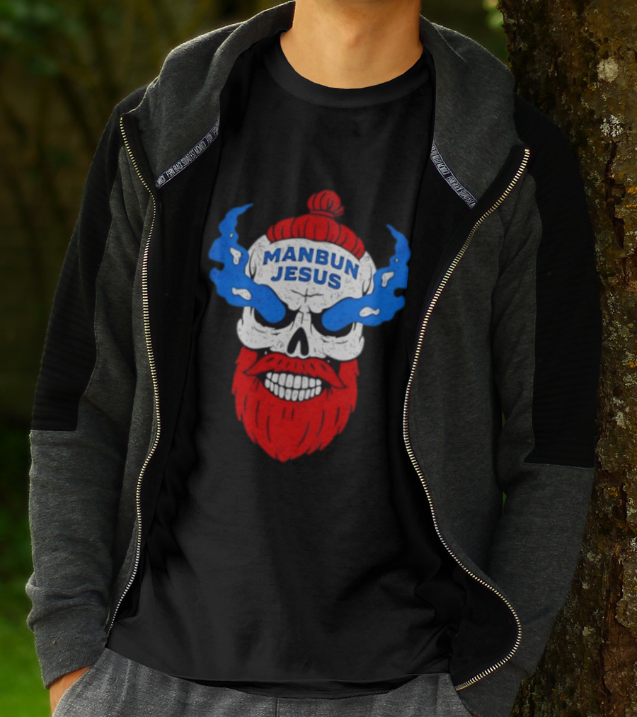 Manbun Jesus Skull Flame Beard Retro Stone Man Cold Bun T-Shirt