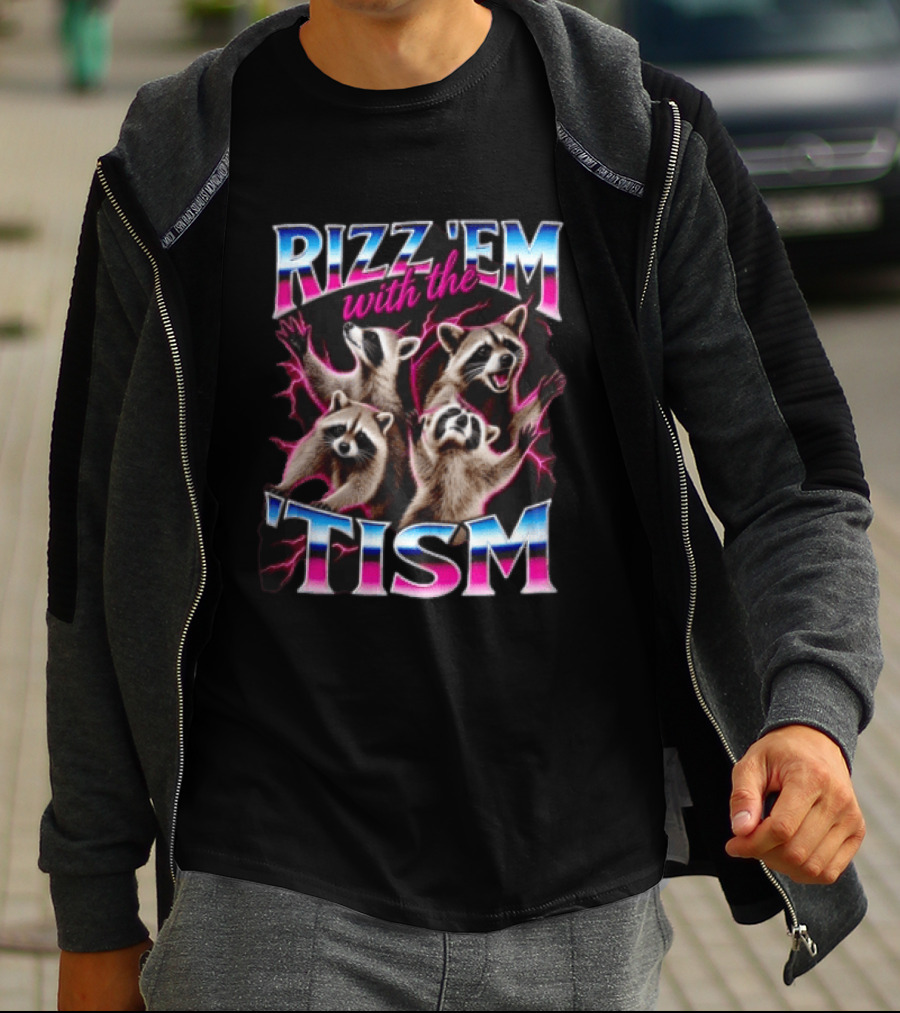 Rizz Them With The Tism Four Raccoons Reaching Pink Lightning T-Shirt