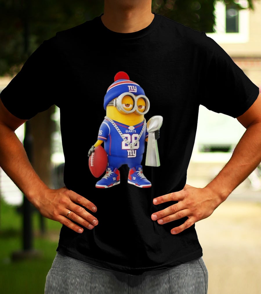 Minion In New York Giants Jersey With Football Trophy And Beanie T-Shirt