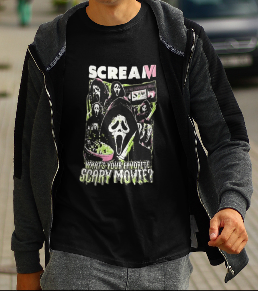 Scream VI What's Your Favorite Scary Movie Ghostface Masks Holding Knife Popcorn T-Shirt
